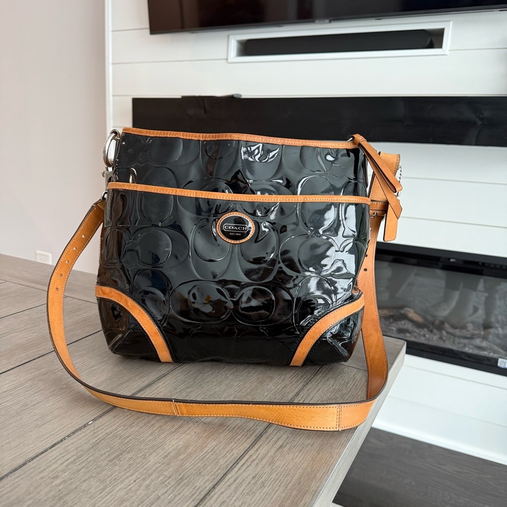 Coach Black Patent Leather Crossbody with Tan Trim